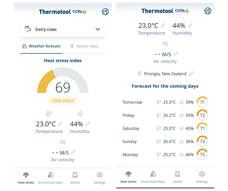 ThermoTool App used to predict heat events and Temperature Humidity Index (THI). 69 is where cows beging to show visible signs of heat stress.